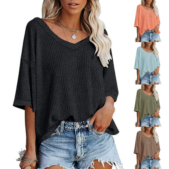 HAPIMO Women's Fashion Shirts Loose Fit Clothes for Girls Knit Sweater Blouses V-Neck T-shirt Short Sleeve Tees Solid Color Print Tops Orange M
