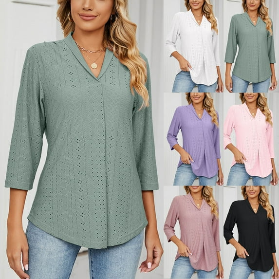 HAPIMO Women's Fashion Shirts Loose Fit Clothes for Girls Solid Color Print Tops 3/4 Sleeve Tees Tunic Casual Eyelet Blouses V-Neck T-shirt Black L Sales