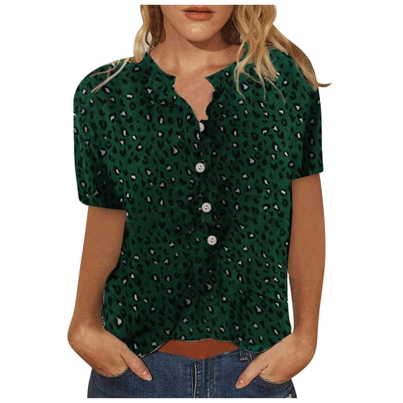 HAPIMO Women's Fashion Shirts Plum Print Tops Short Sleeve Tees Button Round Neck T-shirt Comfy Casual Blouses Regular Fit Clothes for Girls Green M Rollbacks