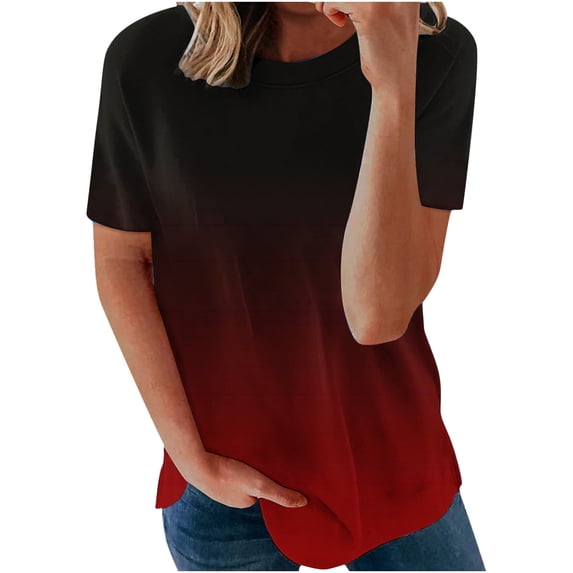 HAPIMO Women's Fashion Shirts Regular Fit Clothes for Girls Gradient Color Print Tops Short Sleeve Tees Comfy Casual Blouses Round Neck T-shirt Wine M