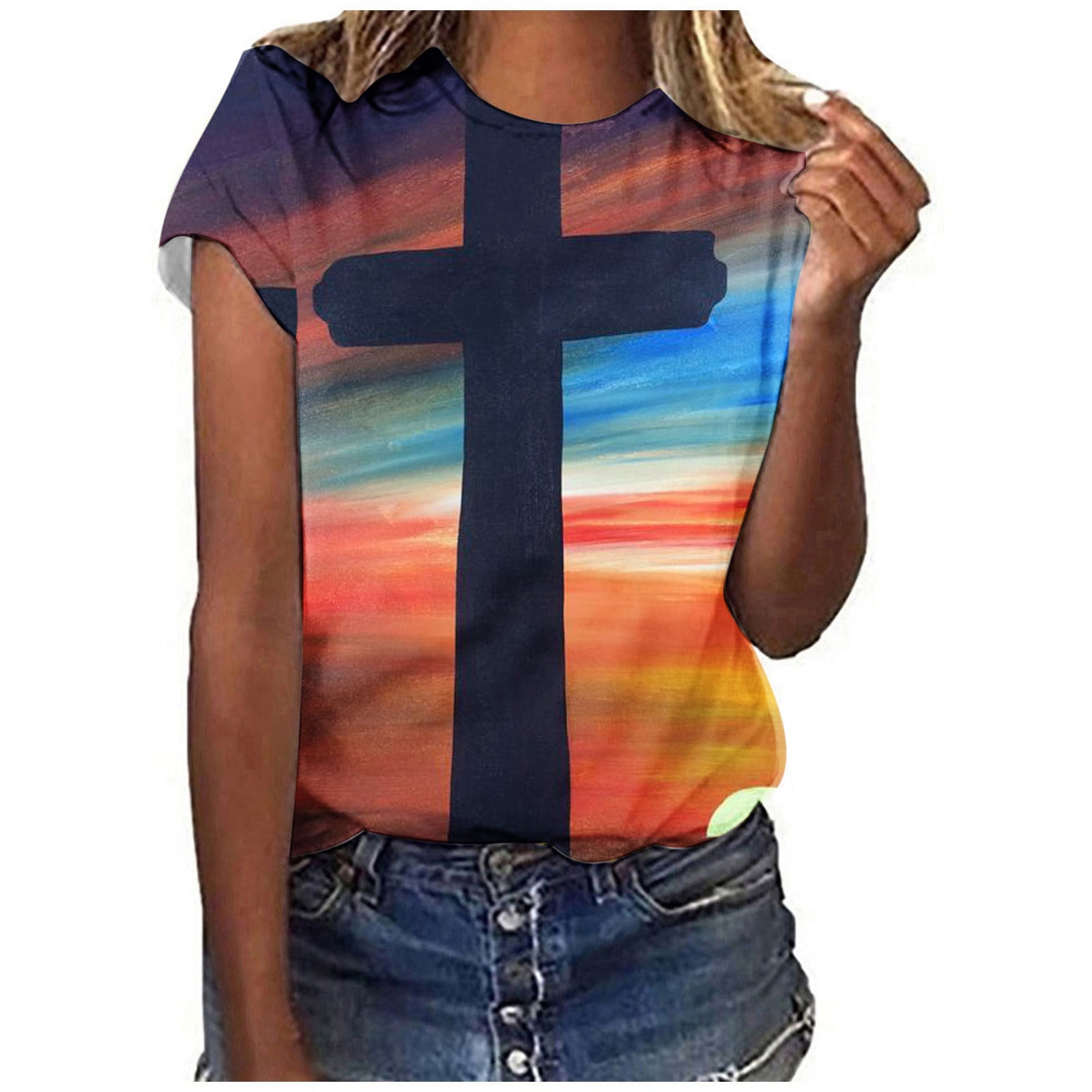 HAPIMO Women's Fashion Shirts Regular Fit Clothes for Girls Round Neck  T-shirt Comfy Casual Raglan Blouses Sunset Cross Print Tops Short Sleeve  Tees