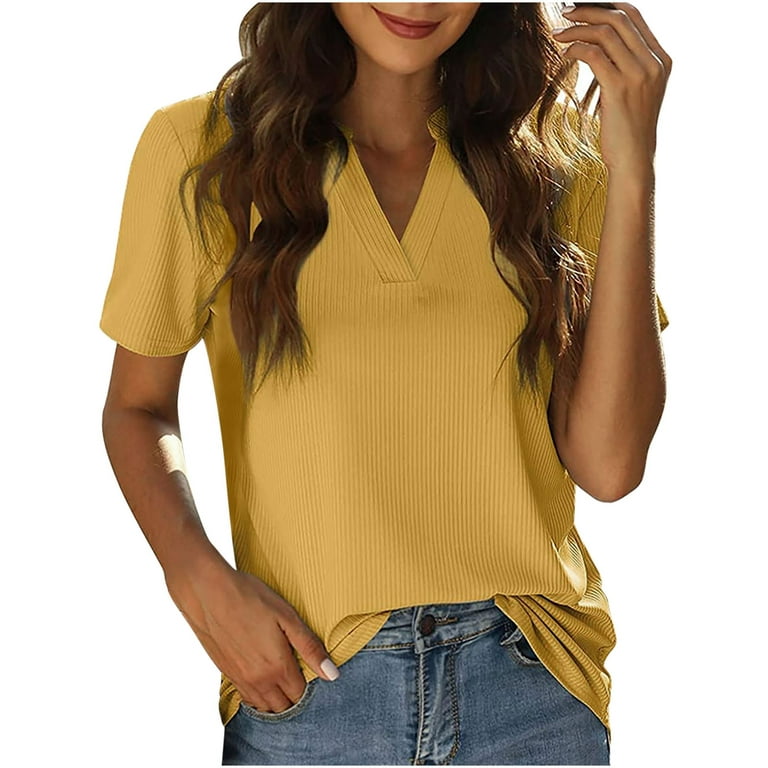 HAPIMO Women's Fashion Shirts Regular Fit Clothes for Girls Solid Color  Print Tops Short Sleeve Tees Comfy Casual Ribbed Blouses V-Neck T-shirt  Yellow L Discount 