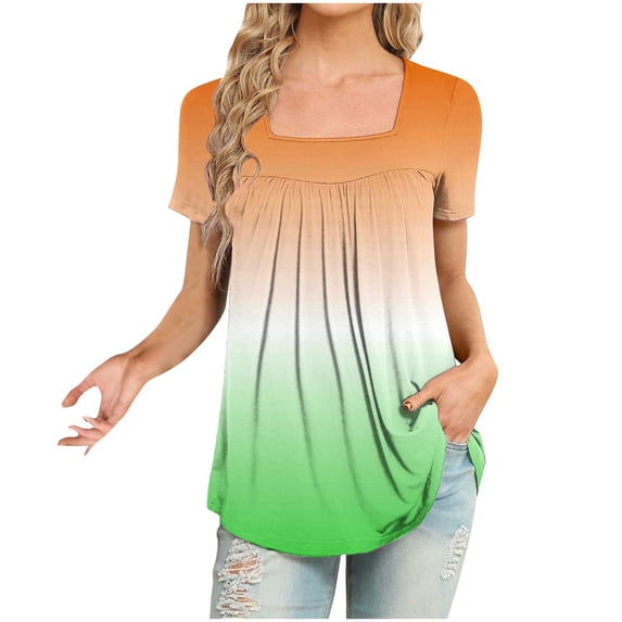 HAPIMO Women's Fashion Shirts Short Sleeve Tees Comfy Casual Loose Blouses Crewneck T-shirt Gradient Color Print Tops Pleat for Leggings Clothes for Girls Green S