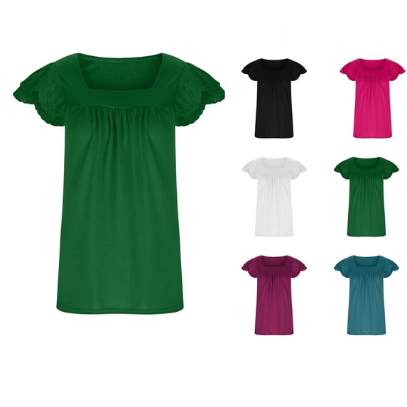 HAPIMO Women's Fashion Shirts Short Sleeve Tees Double-Layer Lace Clothes for Girls Square Neck T-shirt Ruffle Pleat Blouses Solid Color Print Tops Blue XL