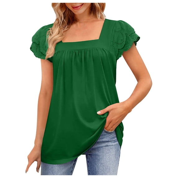 HAPIMO Women's Fashion Shirts Short Sleeve Tees Double-Layer Lace Clothes for Girls Square Neck T-shirt Ruffle Pleat Blouses Solid Color Print Tops Green L