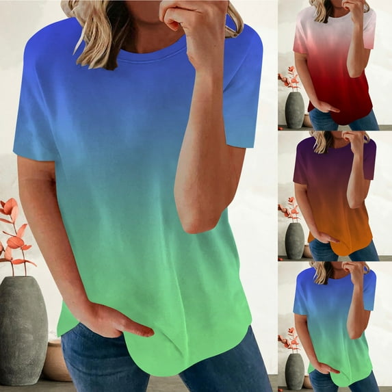 HAPIMO Women's Fashion Shirts Short Sleeve Tees Round Neck T-shirt Comfy Casual Blouses Gradient Color Print Tops Regular Fit Clothes for Girls Orange XXL Sales