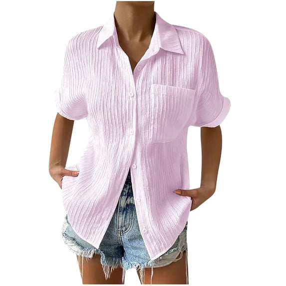 HAPIMO Women's Fashion Shirts Solid Color Print Tops Comfy Button Blouses Bust Pocket Clothes for Girls Short Sleeve Tees Lapel Collar T-shirt Pink XXL