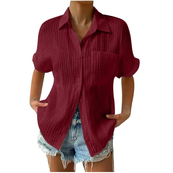 HAPIMO Women's Fashion Shirts Solid Color Print Tops Comfy Button Blouses Bust Pocket Clothes for Girls Short Sleeve Tees Lapel Collar T-shirt Wine XXXXXL