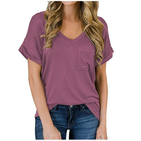 HAPIMO Women's Fashion Shirts Solid Color Print Tops Loose Fit Clothes for Girls V-Neck T-shirt Short Sleeve Tees Comfy Casual Blouses Pink s