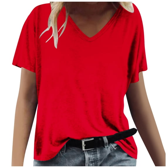 HAPIMO Women's Fashion Shirts Solid Color Print Tops Loose Fit Clothes for Girls V-Neck T-shirt Short Sleeve Tees Comfy Casual Blouses Red XXL