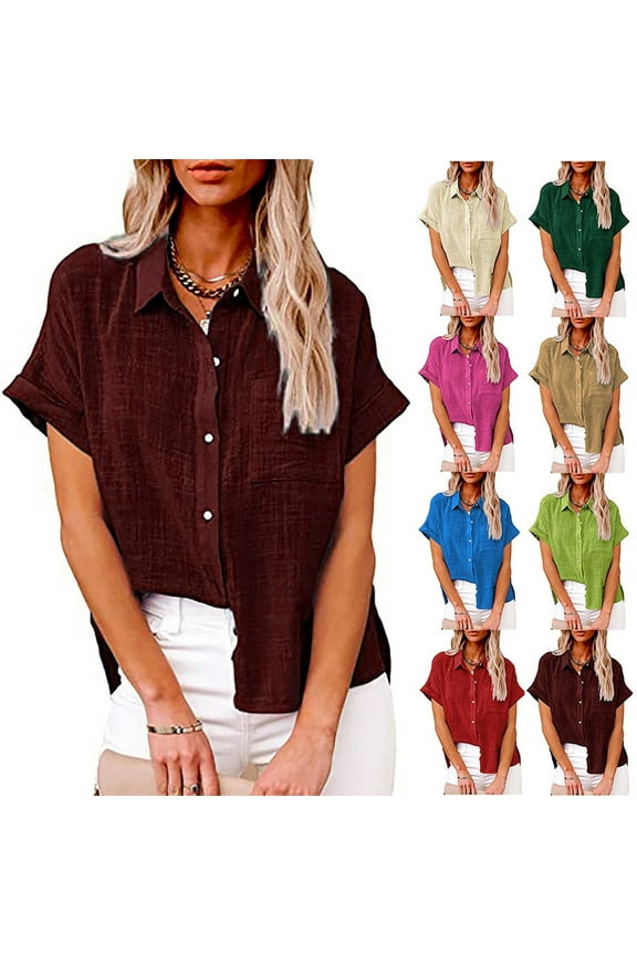 Women's Fashion Shirts Solid Color Print Tops Short Sleeve Tees Comfy Button Down Blouses Lapel Collar T-shirt Bust Pocket Clothes for Girls Beige M