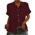thumbnail image 1 of HAPIMO Women's Fashion Shirts Solid Color Print Tops Short Sleeve Tees Comfy Button Blouses Lapel Collar T-shirt Bust Pocket Clothes for Girls Wine XL, 1 of 6
