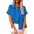 thumbnail image 1 of HAPIMO Women's Fashion Shirts Solid Color Print Tops Short Sleeve Tees Comfy Button Down Blouses Lapel Collar T-shirt Bust Pocket Clothes for Girls Light Blue XXXXL, 1 of 7