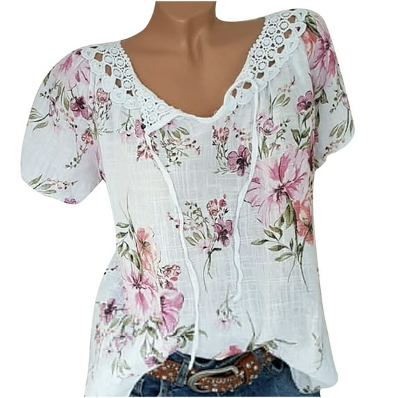 HAPIMO Women's Fashion Shirts Solid Color Print Tops Short Sleeve Tees Comfy Casual Loose Blouses Lace Crochet Clothes for Girls Notch V-Neck T-shirt White XL