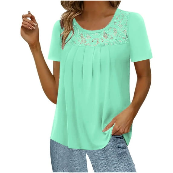 HAPIMO Women's Fashion Shirts Solid Color Print Tops Short Sleeve Tees Pleat Flowy Tunic Blouses Hide Belly Lace Crochet Clothes for Girls Crewneck T-shirt Blue M