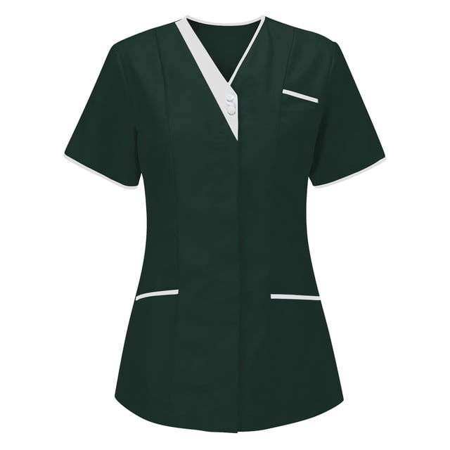 HAPIMO Women's Fashion Shirts Solid Color Print Tops Short Sleeve Tees Scrub Pocket Tunic Blouses Working Uniform Clothes for Girls V-Neck T-shirt Green M s