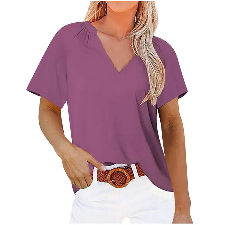 HAPIMO Women's Fashion Shirts Solid Color Print Tops V-Neck T-shirt Comfy  Casual Blouses Short Sleeve Tees Regular Fit Clothes for Girls Purple  XXXXXL