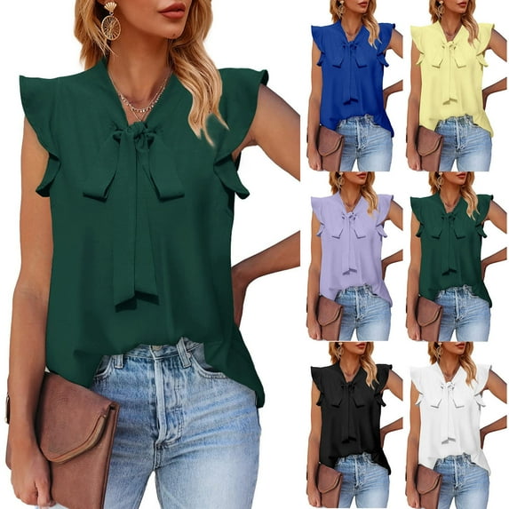 HAPIMO Women's Fashion Shirts Solid Color Print Tops V-Neck T-shirt Short Sleeve Tees Front Bow Tunic Blouses Ruffle Trim Clothes for Girls Green XL
