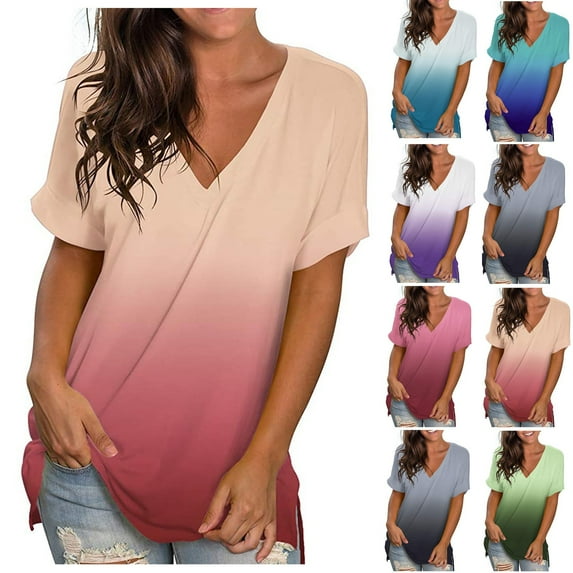HAPIMO Women's Fashion Shirts Summer Classic Clothes for Girls Gradient Color Print Tops V-Neck T-shirt Short Sleeve Tees Comfy Casual Loose Blouses Blue 5XL