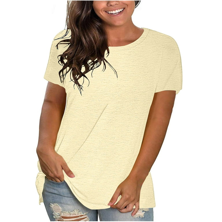 HAPIMO Women's Fashion Shirts Summer Classic Clothes for Girls Round Neck T- shirt Comfy Casual Loose Blouses Solid Color Print Tops Short Sleeve Tees  Khaki L 