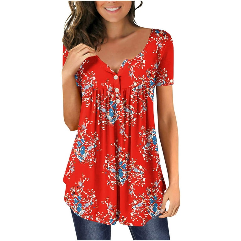 HAPIMO Women's Fashion Shirts Tummy Control Clothes for Girls Boho Floral  Print Tops Short Sleeve Tees Pleat Flowy Tunic Blouses Button V-Neck  T-shirt