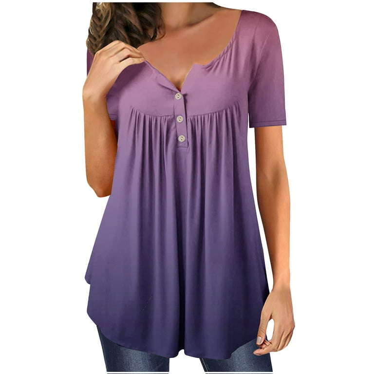 HAPIMO Women's Fashion Shirts Tummy Control Clothes for Girls Button V-Neck  T-shirt Pleat Flowy Tunic Blouses Gradient Color Print Tops Short Sleeve  Tees Purple XL 