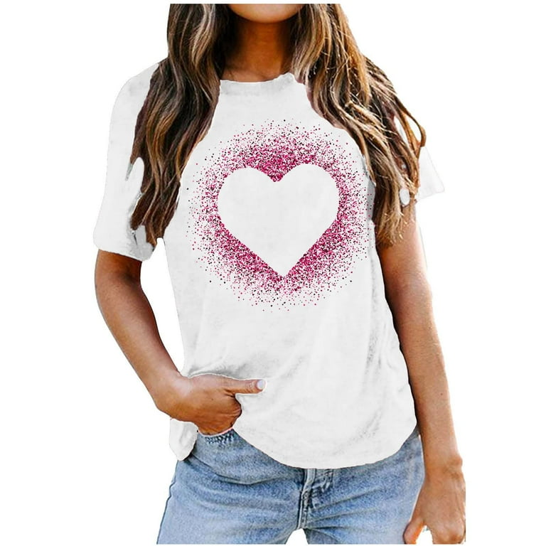 HAPIMO Women's Fashion Shirts Valentine's Day Clothes for Girls Love Heart  Print Tops Short Sleeve Tees Crewneck T-shirt Comfy Casual Raglan Blouses  White XXXL Rollbacks 