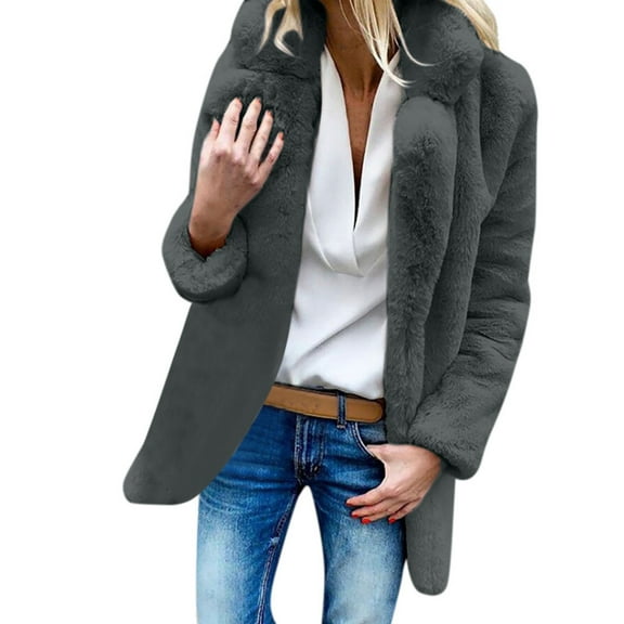 HAPIMO Women's Fashion Soft Fleece Coat Turn Down Collar Open Front Fall Long Sleeve Outwear Casual Wedding Party Evening Faux Fur Jackets Winter Outfits Gray S