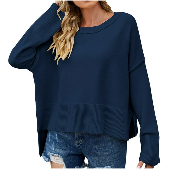 HAPIMO Women's Fashion Solid Color Blouses Crew Neck Sweatshirts Fall Loose Basic Ribbed Sweaters Tops Regular Fitted Casual Knitted Workout Lantern Sleeve Tees Blue XL