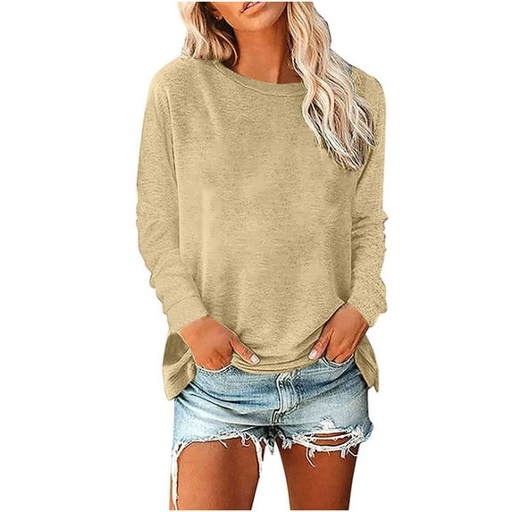 HAPIMO Women's Fashion Solid Color Blouses Long Sleeve Cotton Lined Tees Workout Round Neck Shirts Fall Regular Fitted Casual Loose Basic Tops Yellow S