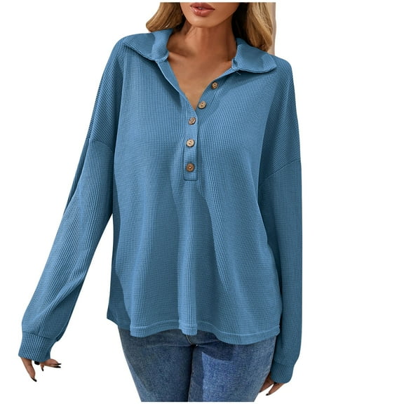 HAPIMO Women's Fashion Solid Color Blouses Loose Basic Tops Casual Quarter Button Down Workout Long Sleeve Cotton Lined Tees Turn Down Collar Shirts Fall Blue XXL