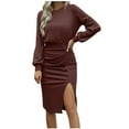 thumbnail image 1 of HAPIMO Women's Fashion Solid Color Lantern Sleeve Sweatshirts Spring Workout Round Neck Sweaters Fall Dress Elegant Casual Side Split Knitted Ribbed Mini Bodycon Dress Brown XXL, 1 of 4
