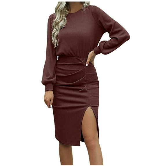 HAPIMO Women's Fashion Solid Color Lantern Sleeve Sweatshirts Spring Workout Round Neck Sweaters Fall Dress Elegant Casual Side Split Knitted Ribbed Mini Bodycon Dress Brown XXL