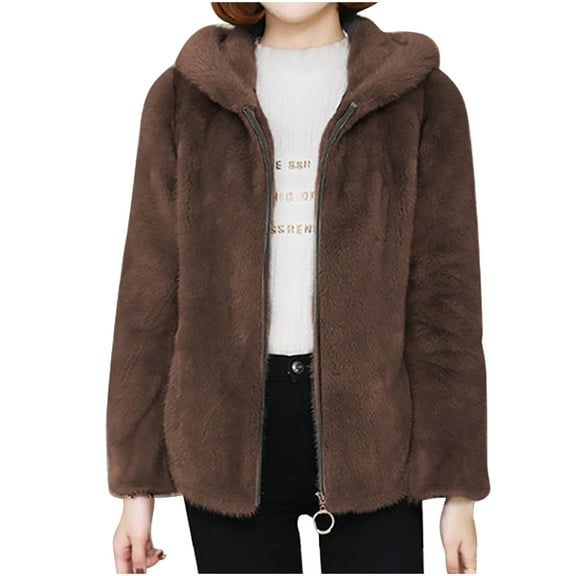 HAPIMO Women's Fashion Solid Color Soft Fleece Coat Long Sleeve Outwear Pockets Winter Outfits Casual Thicken Warm Loose Jackets Zip Up Hoodie Fall Brown XXXL