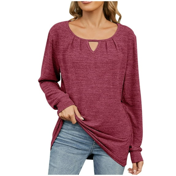HAPIMO Women's Fashion Solid Color Tops Casual Cotton Linen Keyhole Neck Pullovers Workout Long Sleeve Tees Outfits Loose Pleated Shirts Vacation Red S