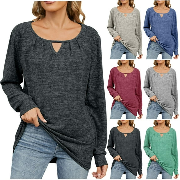 HAPIMO Women's Fashion Solid Color Tops Casual Cotton Linen Keyhole Neck Pullovers Loose Pleated Shirts Vacation Workout Long Sleeve Tees Outfits Black L