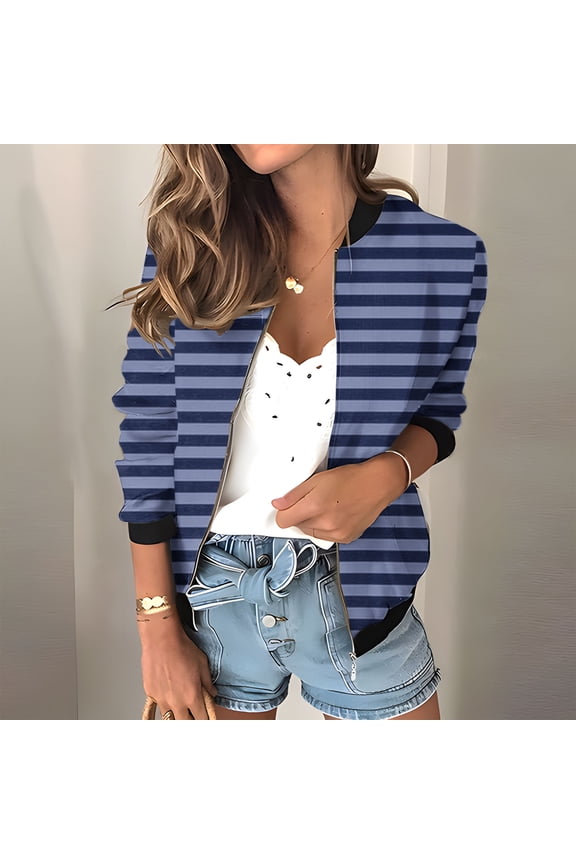 Women's Fashion Striped Jacket Daily Casual Jacket Coat Long Sleeve Stand Collar Jacket Zip Up Outerwear Lightweight Fall Jacket Black XXL