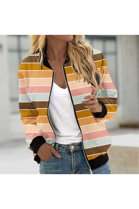 Women's Fashion Striped Jacket Daily Casual Jacket Coat Long Sleeve Stand Collar Jacket Zip Up Outerwear Lightweight Fall Jacket Orange XXL