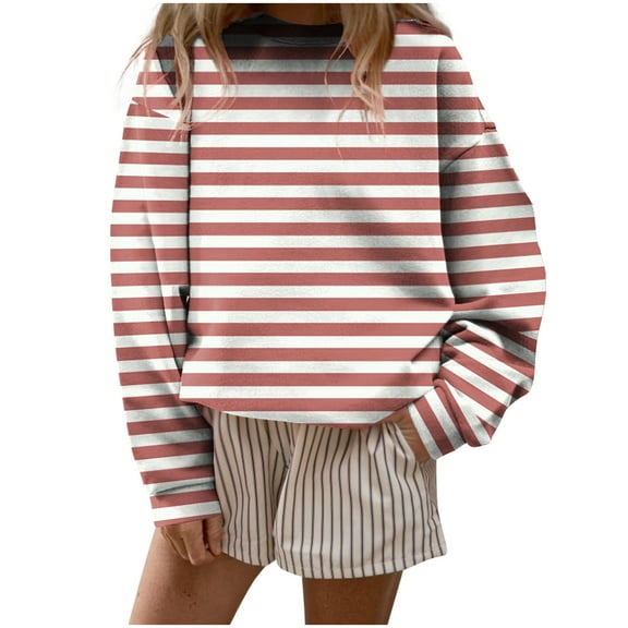 HAPIMO Women's Fashion Striped Sweatshirts Relaxed Fit Long Sleeve Crewneck Pullover Tops Fall Casual Workout Blouses Orange L