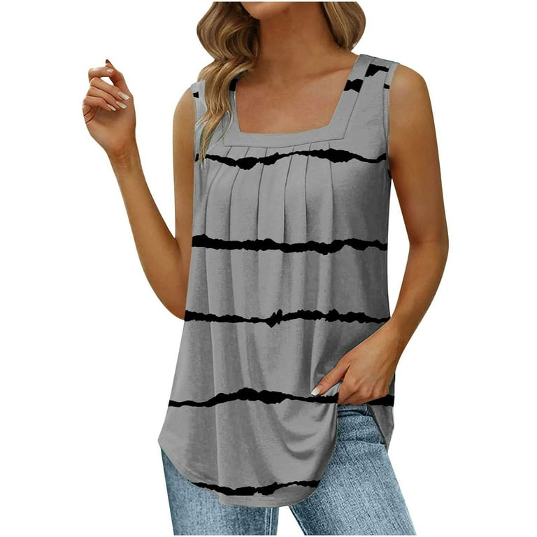 HAPIMO Women's Fashion Tank Tops Pleat Flowy Clothes for Girls Tummy Control  Blouses Square Neck T-shirt Ombre Stripe Print Tops Sleeveless Tees Gray L  