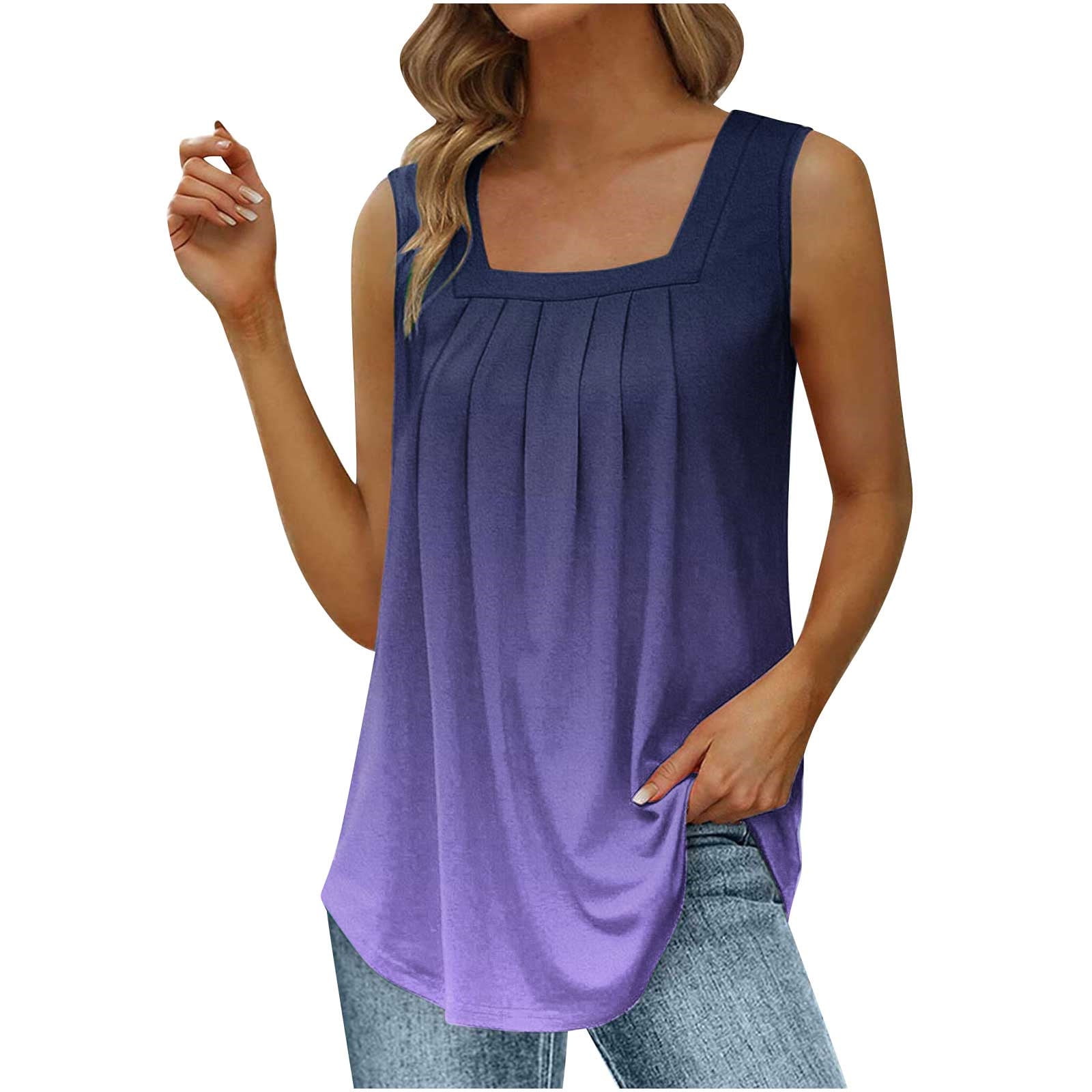 HAPIMO Women's Fashion Tank Tops Pleat Flowy Clothes for Girls Tummy Control  Blouses Square Neck T-shirt Ombre Stripe Print Tops Sleeveless Tees Purple  S 