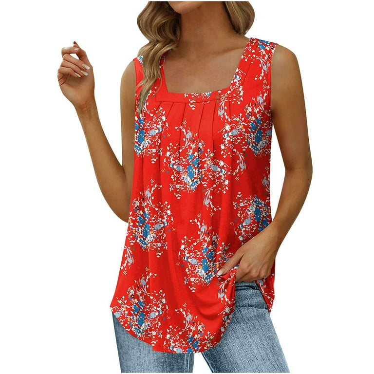 HAPIMO Women's Fashion Tank Tops Pleat Flowy Clothes for Girls Tummy Control  Blouses Square Neck T-shirt Sleeveless Tees Boho Floral Print Tops Red XXL  