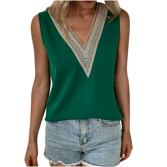 HAPIMO Women's Fashion Tank Tops Solid Color Print Tops Regular Fit Clothes for Girls Lace Crochet Blouses Short Sleeve Tees V-Neck T-shirt Green M s