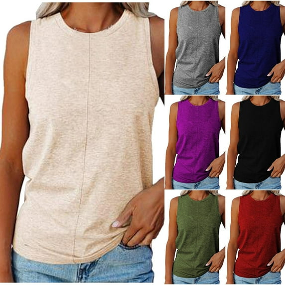 HAPIMO Women's Fashion Tank Tops Solid Color Print Tops Regular Fit Clothes for Girls Sleeveless Tees Comfy Casual Blouses O-Neck T-shirt Black L Savings