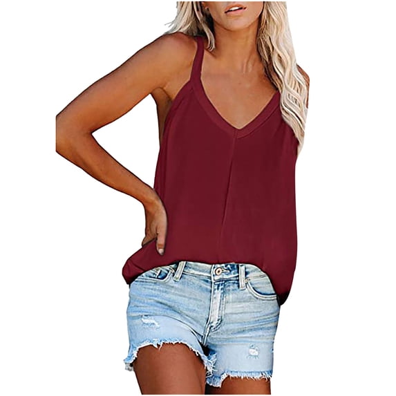 HAPIMO Women's Fashion Tank Tops Solid Color Print Tops Sleeveless Tees Halter V-Neck T-shirt Comfy Casual Blouses Regular Fit Clothes for Girls Wine XL Savings