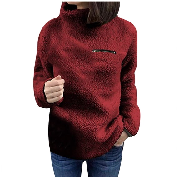 HAPIMO Women's Fashion Thick Sweatshirt Turtleneck Pullover Solid Plush Tops Long Sleeve Blouse T-Shirt Clothes for Women Cozy Casual Sweatshirt Wine XXXL