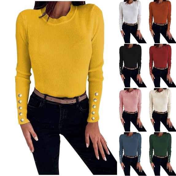 HAPIMO Women's Fashion Tops Casual Ribbed Long Sleeve Soft Sweaters Outfits Workout Slim Knitted Basic Sweatshirts Vacation Round Neck Button Pullovers Beige L