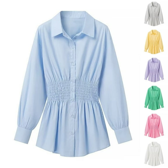 HAPIMO Women's Fashion Tops Stretch Long Sleeve Tees Outfits Workout Casual Dressy Tunic Turn Down Collar Button Pleated Pullovers Slim Babydolls Shirts Vacation Blue L