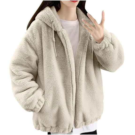 HAPIMO Women's Faux Fur Coats Winter Thickened Fleece Sherpa Warm Coat Long Sleeve Zip Up Hooded Jacket Oversize Solid Pocket Coat Casual Fashion Outerwear Beige M