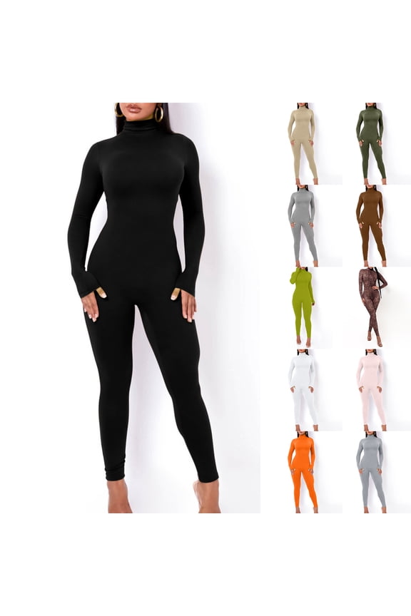 Women's Fitness Jumpsuit One-Piece Tights Summer Sale Solid Long Sleeve High Neck Trousers for Girls Leisure Yoga Sports Slim Fashion Comfy Black S